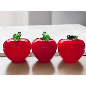 Vintage Art Glass Red Apple 4.5x3.5" set of 3 paperweight